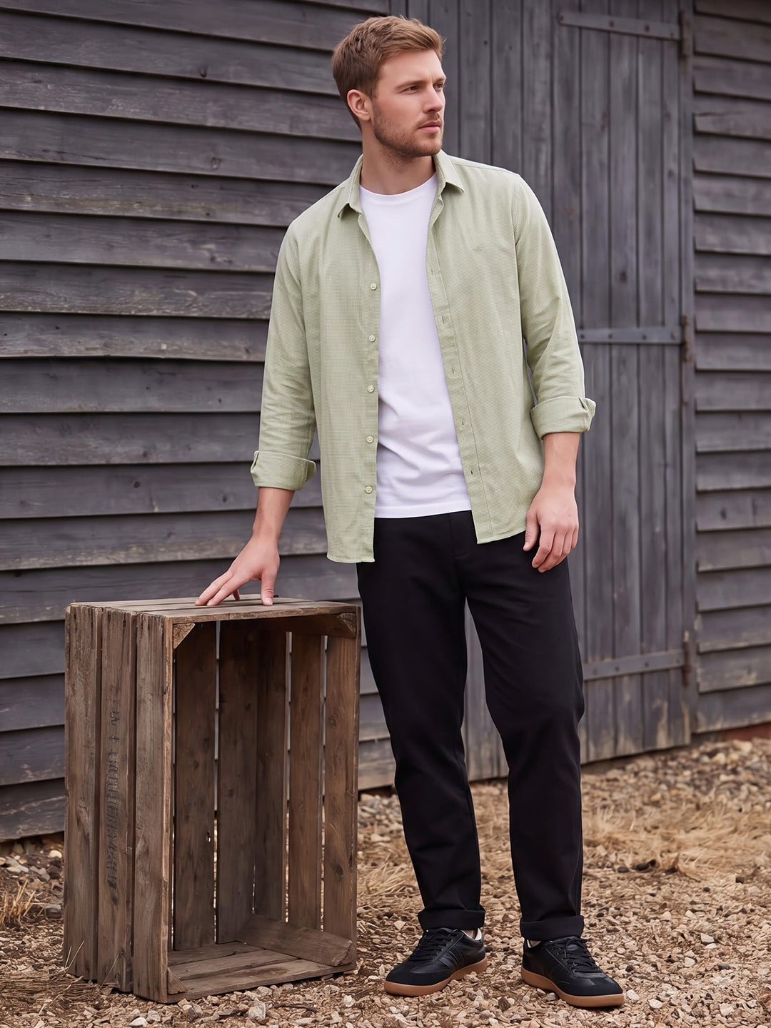 Dockers Men's Olive Textured Cotton-Linen Spread Collar Full Sleeve Shirt