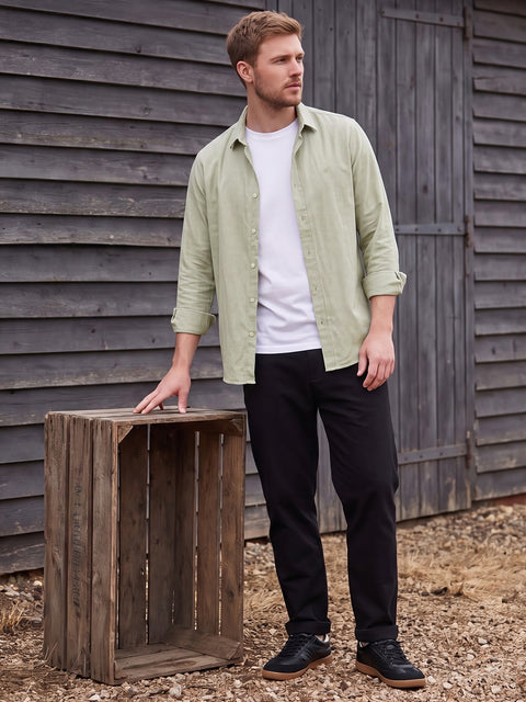 Dockers Men's Olive Textured Cotton-Linen Spread Collar Full Sleeve Shirt