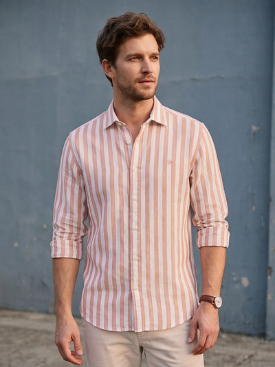 Dockers Men's Orange Striped Cotton-Linen Spread Collar Full Sleeve Shirt