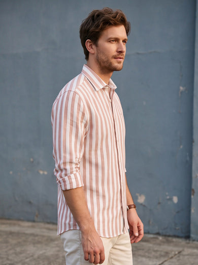 Dockers Men's Orange Striped Cotton-Linen Spread Collar Full Sleeve Shirt
