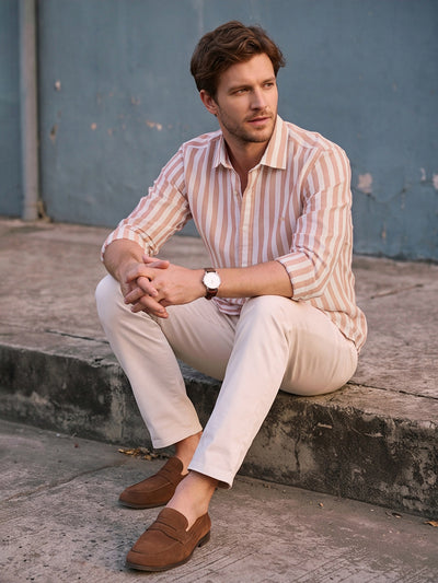 Dockers Men's Orange Striped Cotton-Linen Spread Collar Full Sleeve Shirt