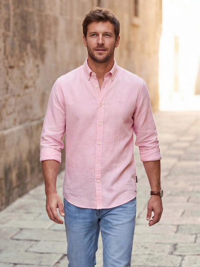Dockers Men's Pink Striped Cotton-Linen Button-Down Full Sleeve Shirt