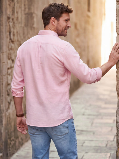 Dockers Men's Pink Striped Cotton-Linen Button-Down Full Sleeve Shirt