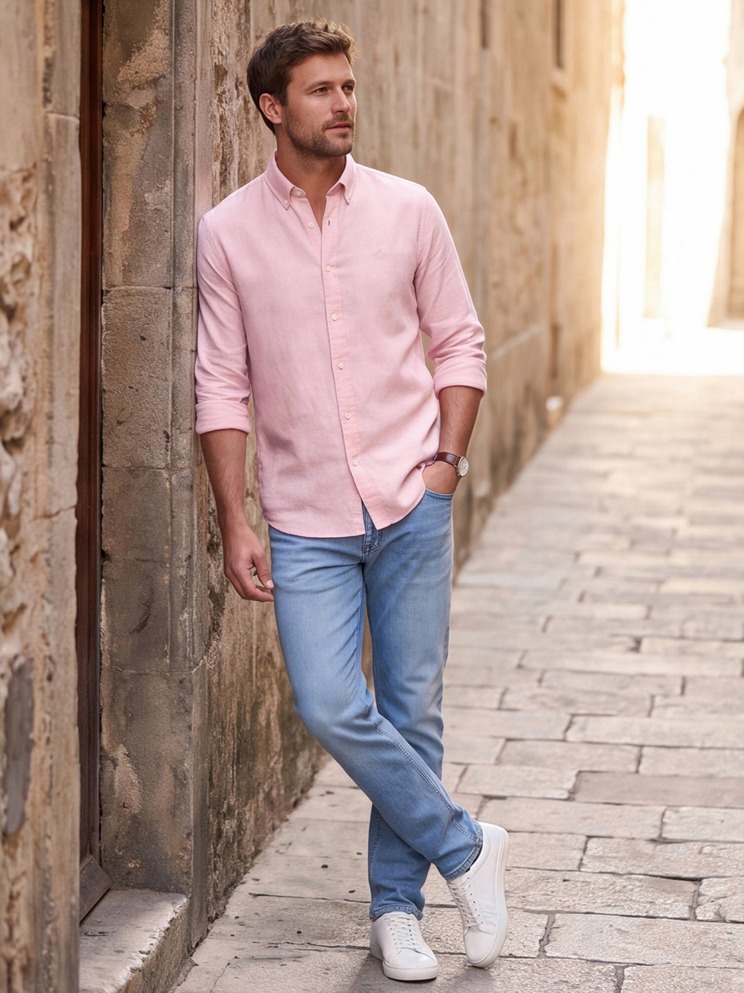 Dockers Men's Pink Striped Cotton-Linen Button-Down Full Sleeve Shirt