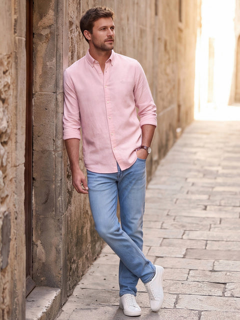 Dockers Men's Pink Striped Cotton-Linen Button-Down Full Sleeve Shirt