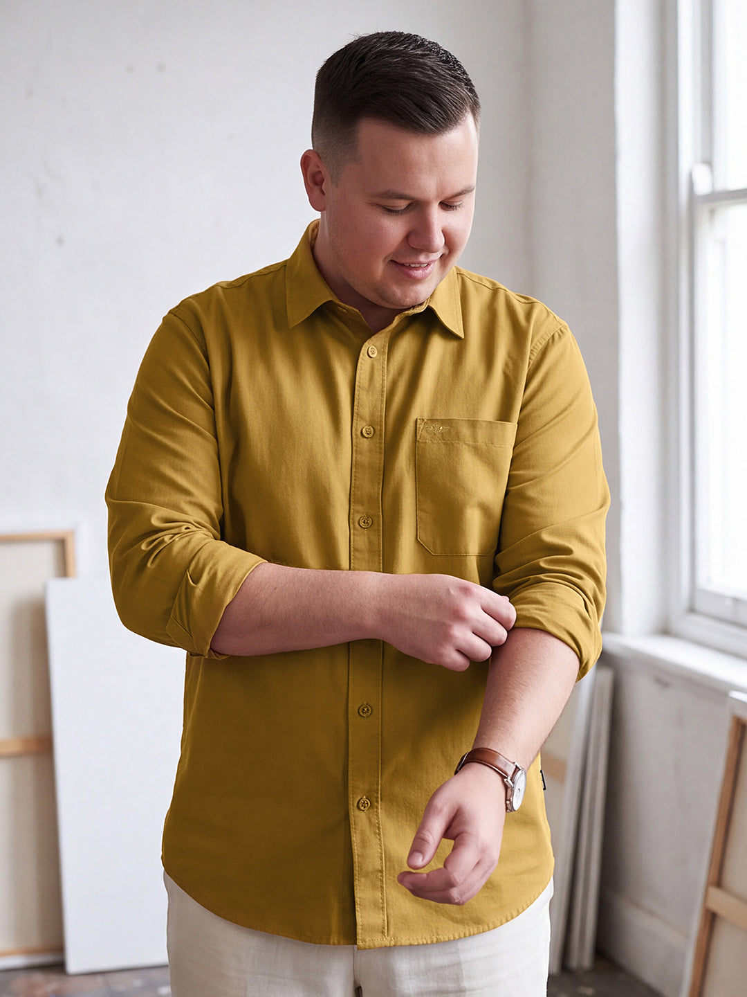 Dockers Men's Plus Size Mustard Twill Spread Collar Full Sleeve Shirt