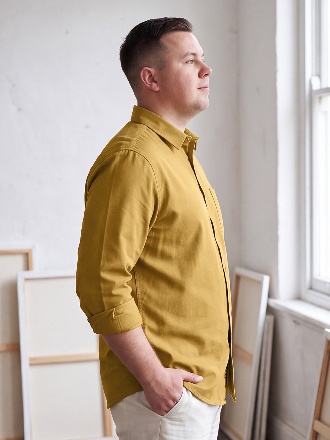 Dockers Men's Plus Size Mustard Twill Spread Collar Full Sleeve Shirt