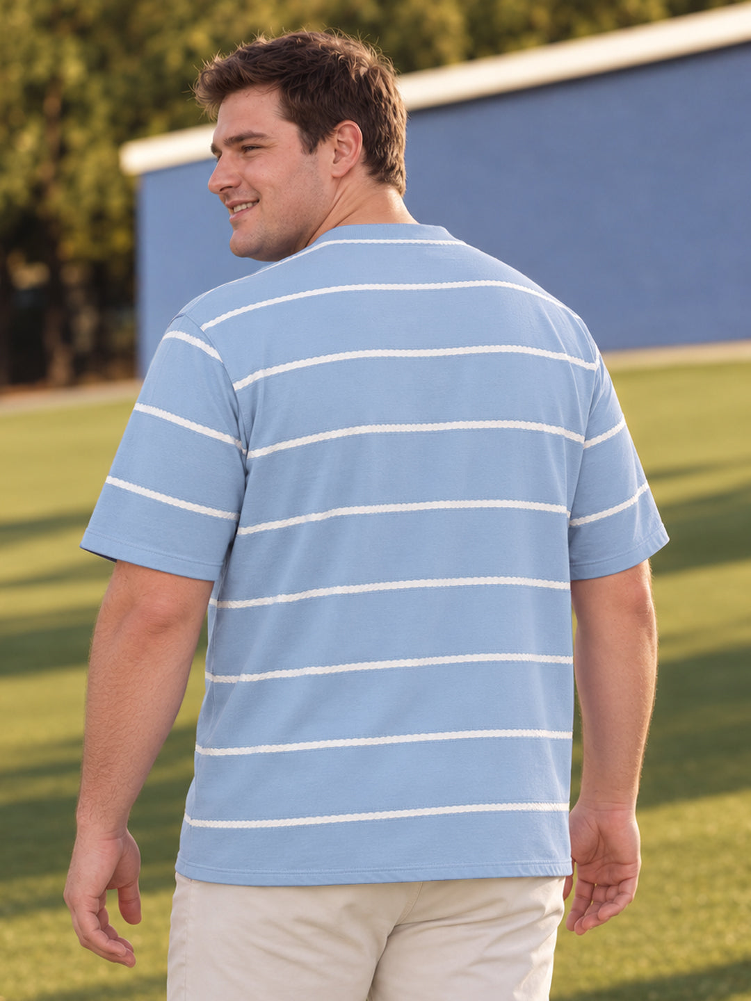 Dockers Men Sky Blue Regular Fit Crew Neck Horizontal Striped T-Shirt